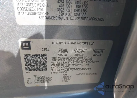 2021 Chevrolet Silverado 1500 4Wd Short Bed Custom Trail Boss z USA, uszkodzony, nr VIN 1GCPYCEF3MZ246533